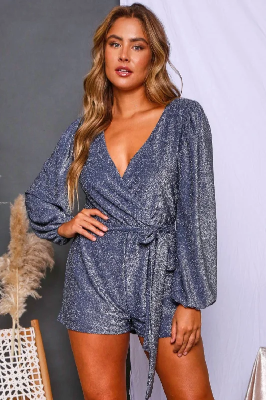 Peach Love The Briana Romper In Metallic Denim And Silver Sparkle