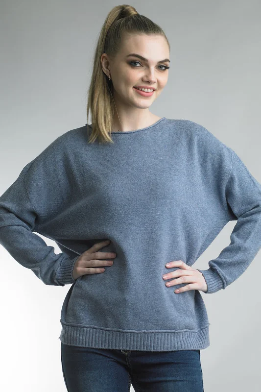 Tempo Paris Crew Neck Knit Sweater With Ribbed Hem And Cuffs In A Denim Blue Color