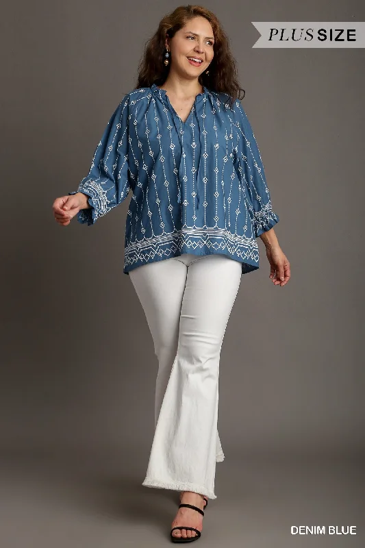 Umgee Denim Blue Embroidered Tie Front Top Plus