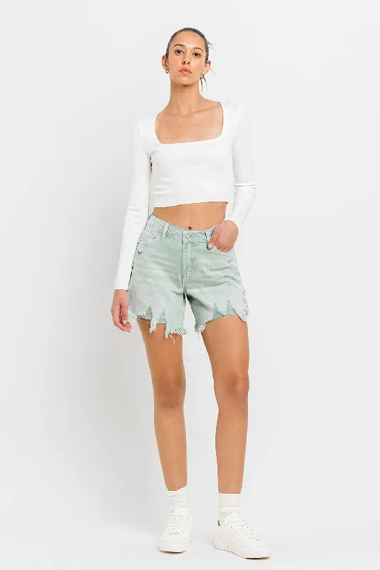 Vervet by Flying Monkey High Rise Side Slit Denim Shorts In Abstracted