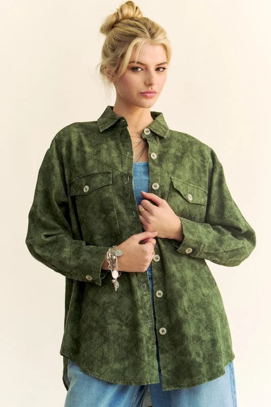 Army Green Curved Hem Diamond Quilted Button Up Denim Shacket