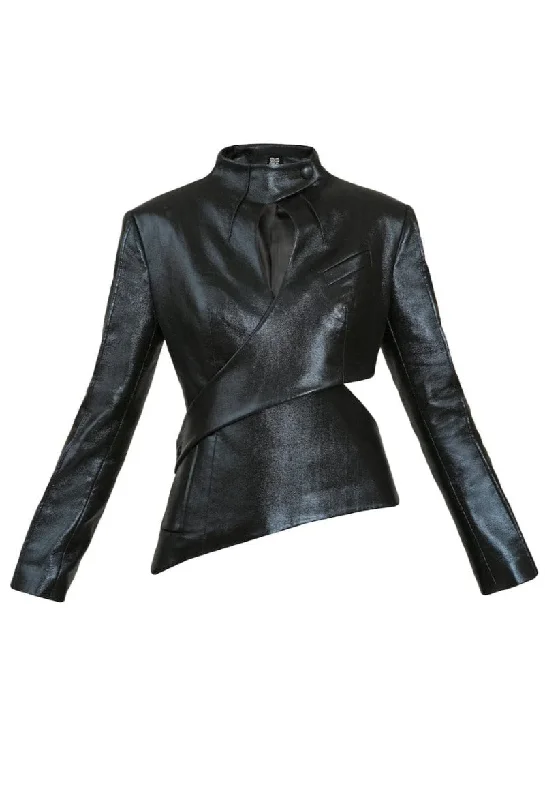 ASYMMETRIC CUTOUT VEGAN LEATHER BLAZER