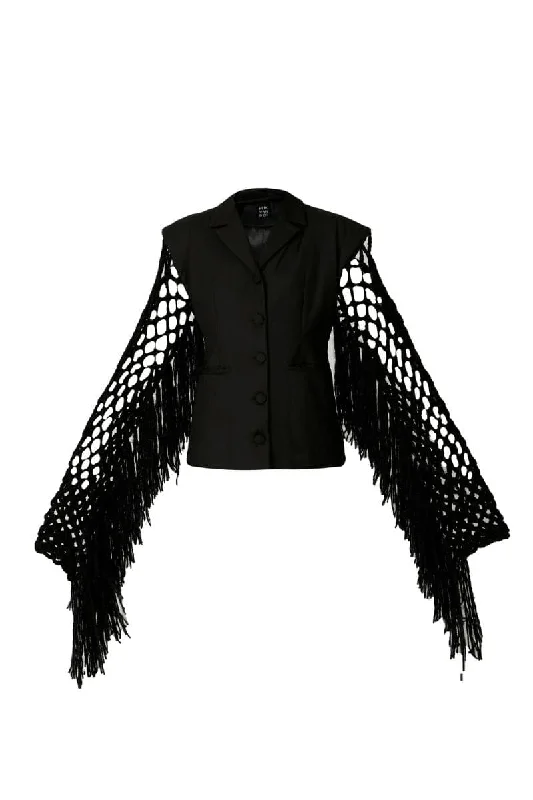 BLACK FISHNET-SLEEVE BLAZER