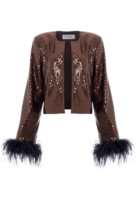 BROWN SEQUINED FEATHER JACKET