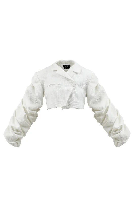 CRUMPLE-SLEEVE CROPPED WHITE BLAZER