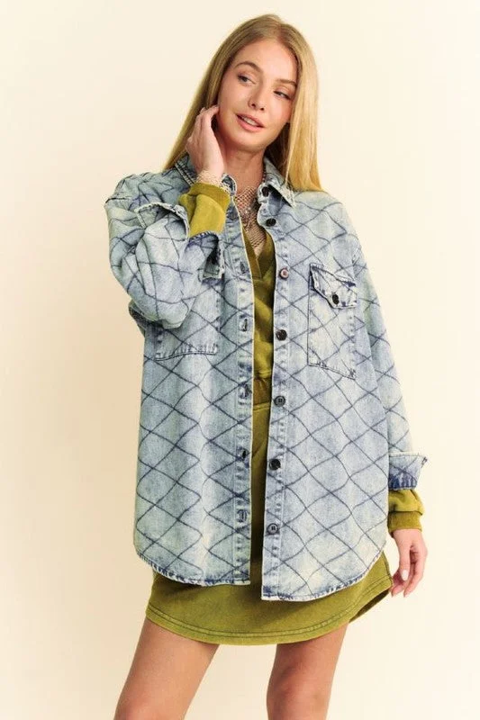 Light Blue Curved Hem Diamond Quilted Button Up Denim Shacket