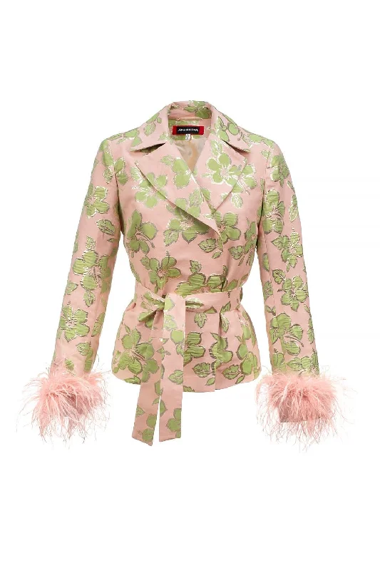 PINK FEATHER-TRIMMED JACKET WITH DETACHABLE FEATHER CUFFS