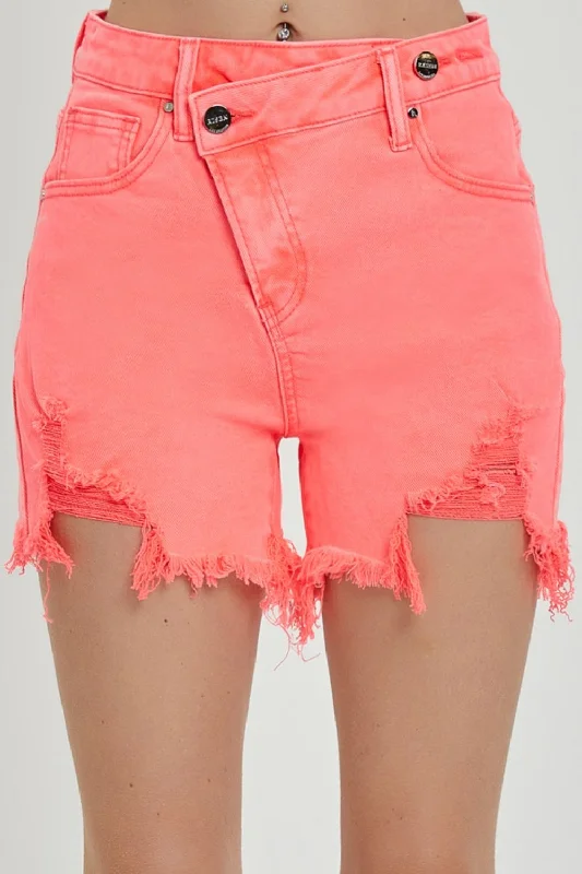 Salmon RISEN Distressed Asymmetrical Waist Denim Shorts