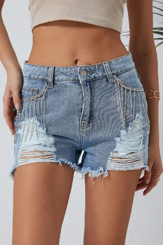 Dazzling Lynn Rhinestone Tassel Denim Shorts