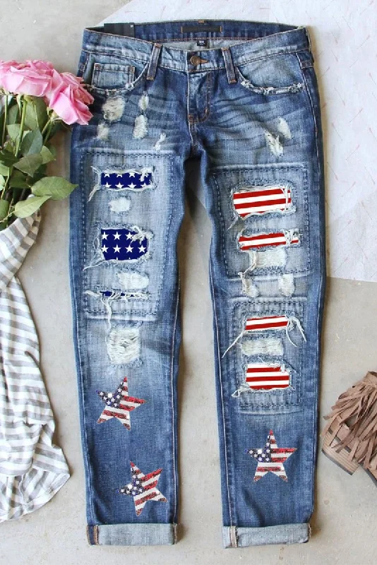 American Flag Sequin Star Distressed Graphic Denims