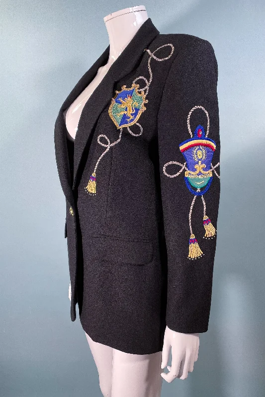 Vintage 80s Black Wool Embroidered/Patch Novelty Statement Blazer, Nota Bene SZ 6