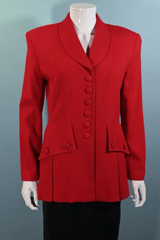 Vintage 80s Red Wool Long Fitted Blazer, Sunny Names SZ 4