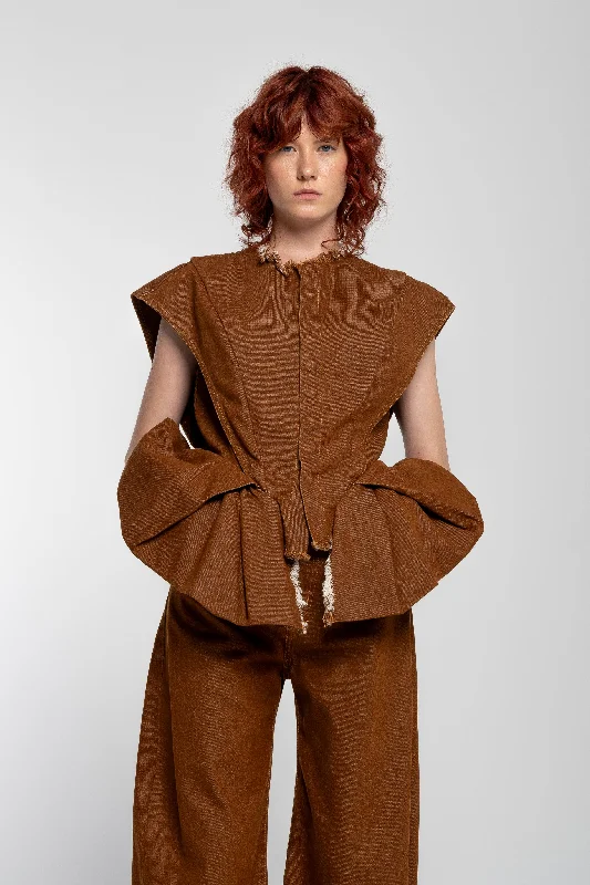 BROWN DENIM STRUCTURE SHOULDER CINCHED TOP