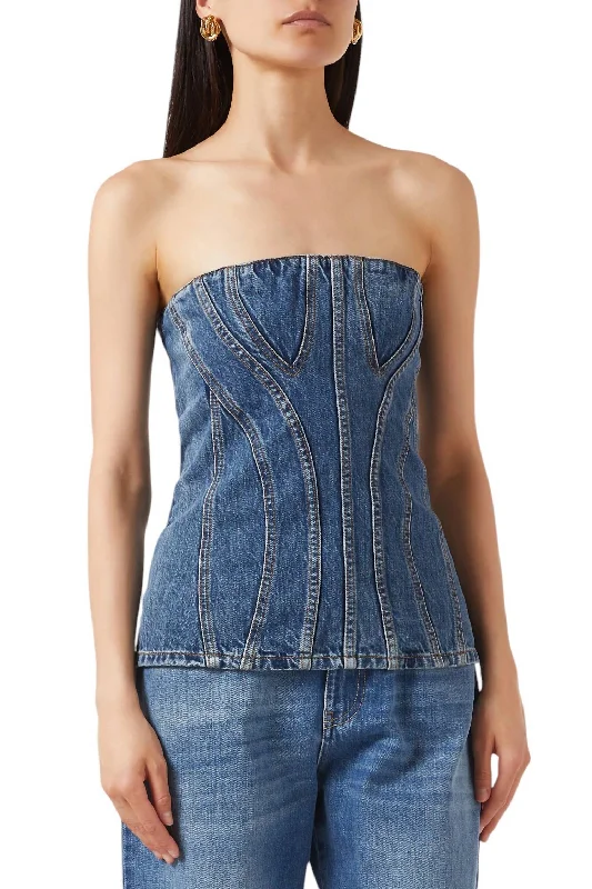 Denim Bustier Top In Mid Blue