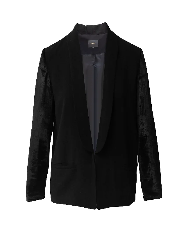 Maje Velvet Sleeve Blazer in Black Acetate