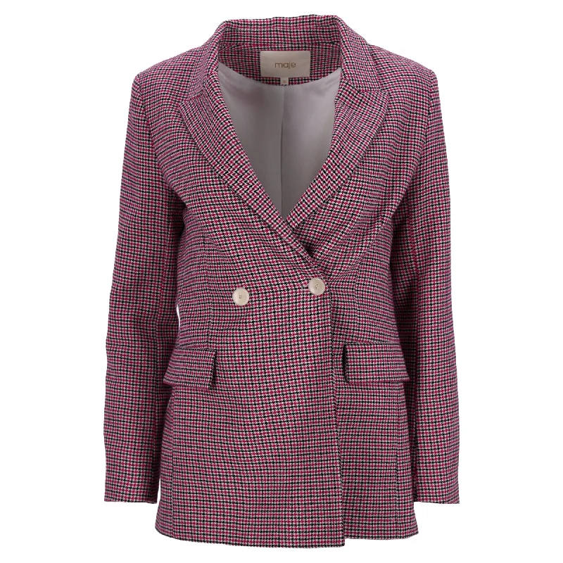 Maje Vic Double-Breasted Houndstooth Blazer in Pink Cotton