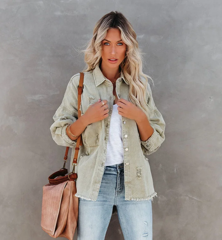 Distressed Frayed Denim Shacket - Fall & Winter Chic