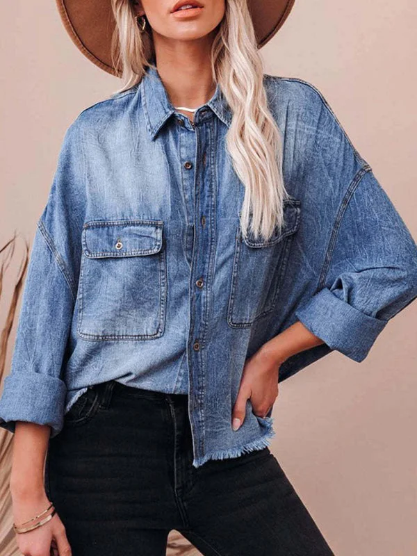 Trendy Distressed Denim Shacket with Frayed Details