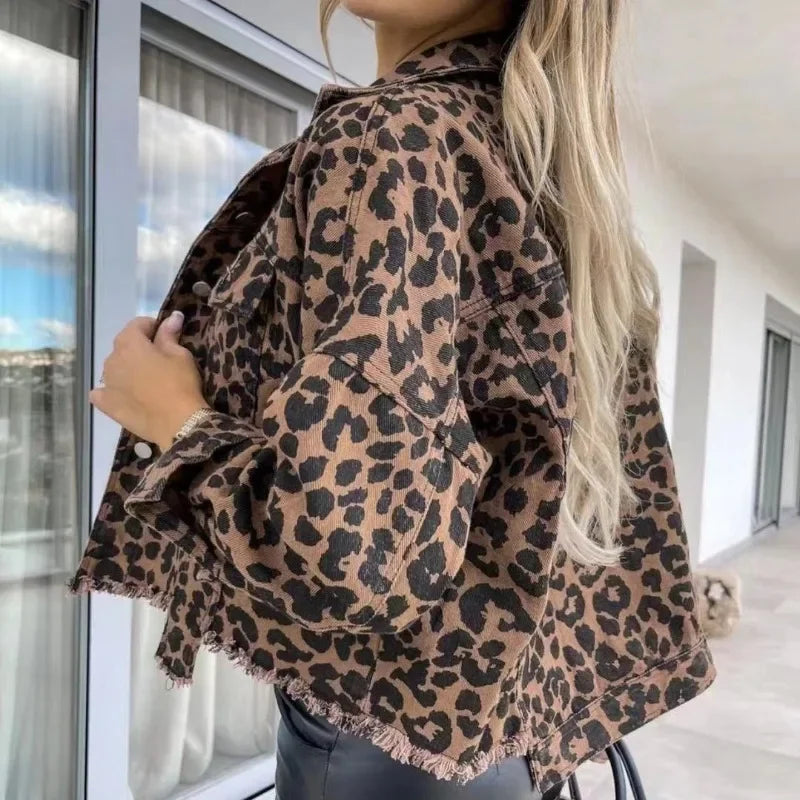 Trendy Leopard Casual Denim Coat