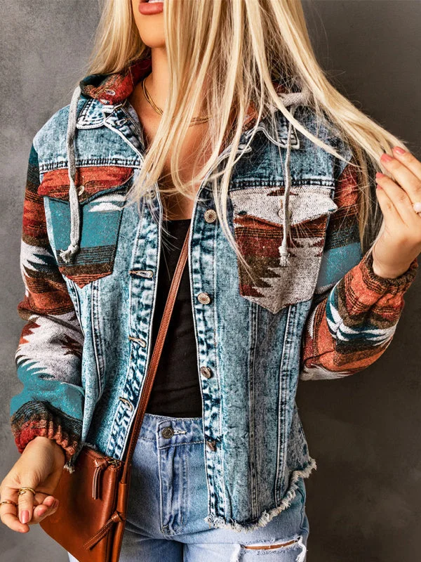 Washed Denim Aztec Print Hooded Shacket | Distressed Denim Hoodie Jacket